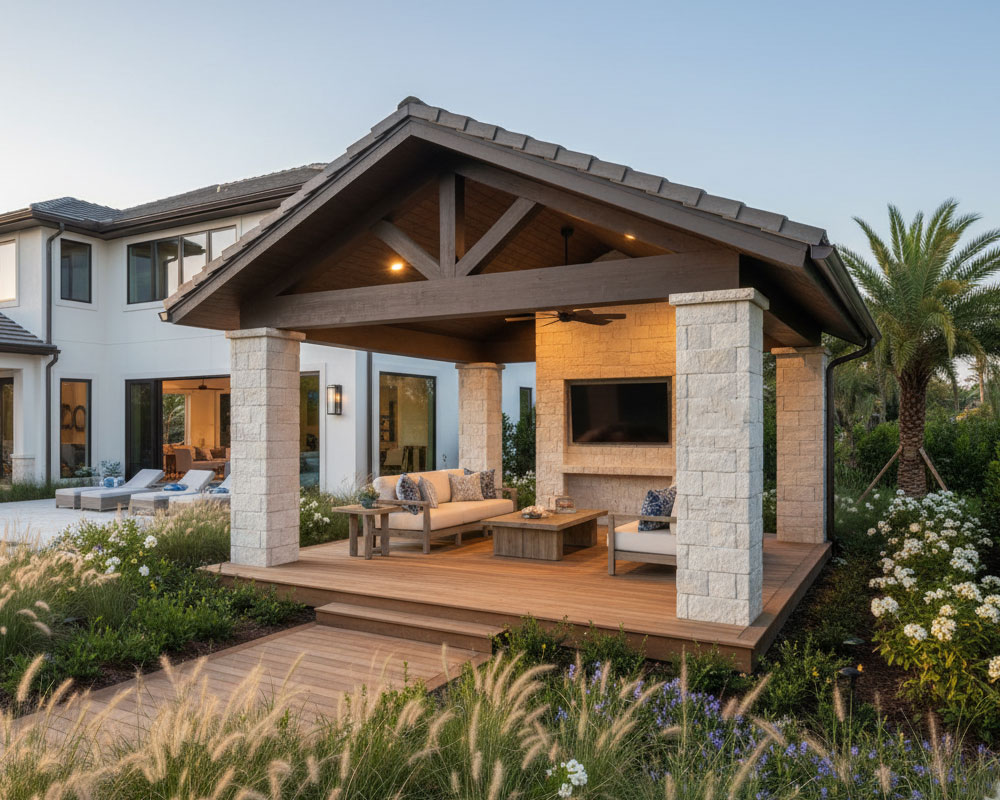 modern outdoor living area with pool and dining space near pensacola fl